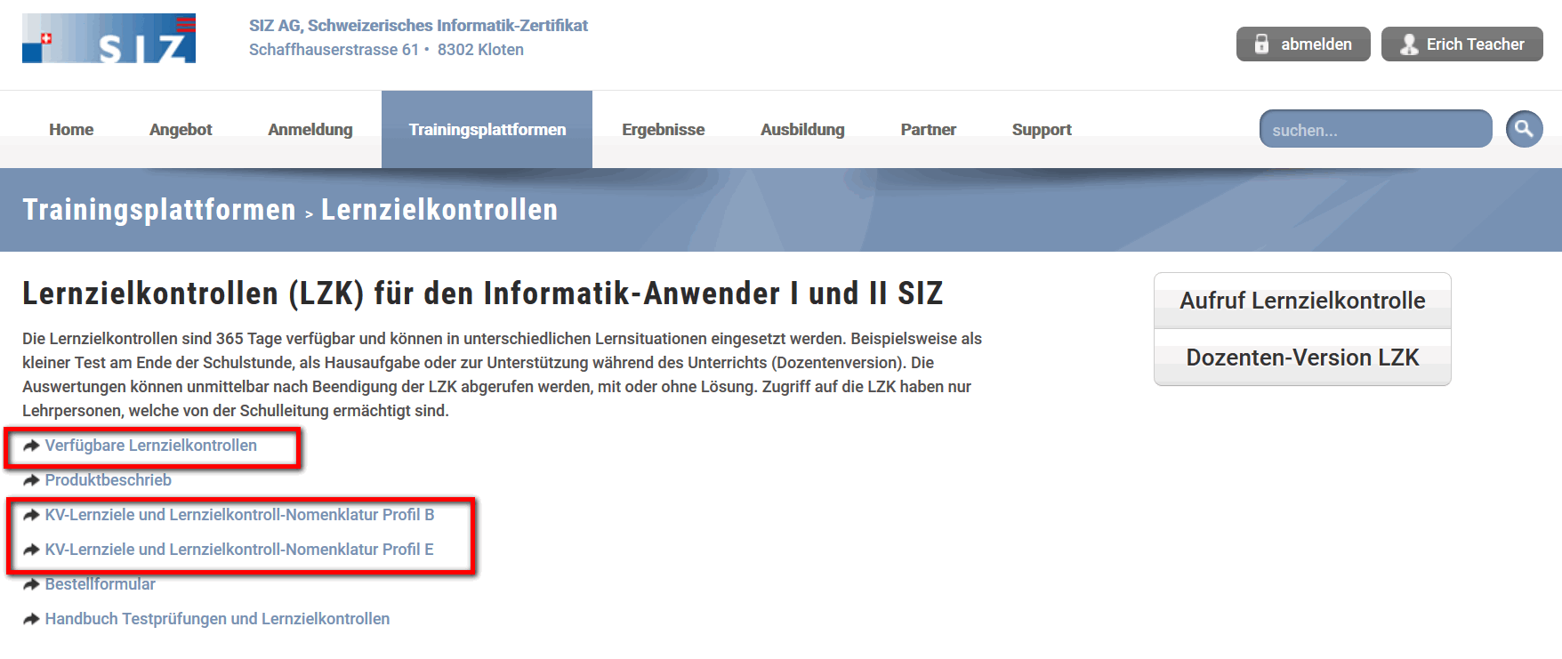 Aufruf verfügbare Lernzielkontrollen